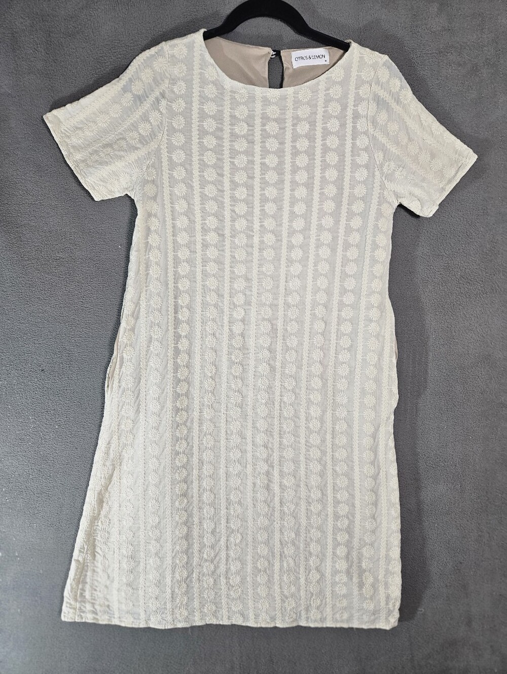 Citrus Lemon Medium Shift Eyelet Ivory Midi Dress Sunflowers Keyhole Minimalist